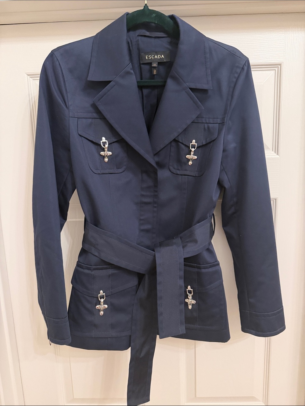 Escada Navy Belted Utility Blazer with Decorative Hardware